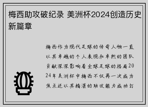 梅西助攻破纪录 美洲杯2024创造历史新篇章